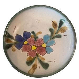 Vintage Small trinket bowl glazed pottery hand painted signed